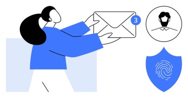 Bir kadın e-posta tebligatıyla zarfa uzanıyor, yanında da parmak izi olan bir kullanıcı profili ve rozet. Dijital iletişim, güvenlik, kimlik tespiti, bildirim, çevrimiçi güvenlik için ideal