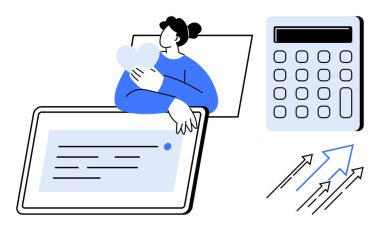 Kalbe tablet, hesap makinesi ve oklarla sarılan kişi büyüme, finans ve yaratıcılığı sembolize ediyor. İş, finans, teknoloji, kişisel gelişim verimliliği için ideal başarı