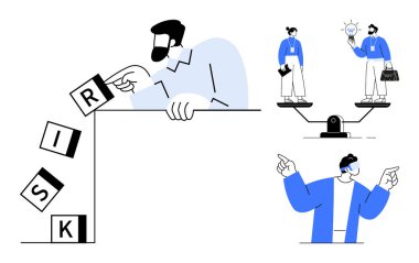 Risk bloklarını sınırın yakınına koyan iş adamı, fikirleri ve büyümeyi dengeleyen iki profesyonel, zorluklara işaret eden kişi. Karar verme, risk analizi, takım çalışması, yönetim ve liderlik için ideal