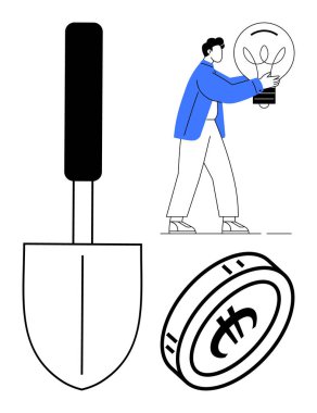 Kürek, bitcoin para ve parlayan ampul tutan kişi büyüme, yatırım, fikir üretimi, sürdürülebilirlik ve dijital yenilik iletişimi sağlar. Finans ve enerji sektörü yaratıcılığı için ideal