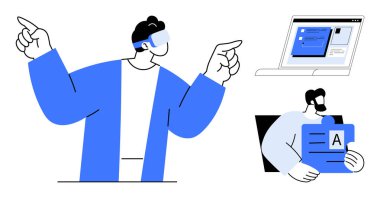 Jestleri olan kişi, bilgisayar ekranı görüntüleme arayüzü, kullanıcı veri kartı. Eğitim, teknoloji, çevrimiçi araçlar, veri paylaşımı, takım çalışması, eğitim ve dijital için ideal