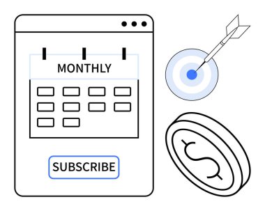 Aylık takvim arayüzü abonelik düğmesi, dolar parası ve dartla hedefleniyor. Üyelik hizmetleri, tekrarlanan ödemeler, hedef belirleme, mali planlama, pazarlama stratejileri için ideal