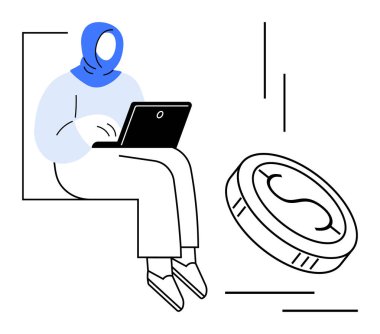 Bir dizüstü bilgisayarla oturan tesettürlü kadın, yanında servetini, çevrimiçi gelirini veya yatırımını temsil eden düşen bir dolar var. Finans, iş, çeşitlilik, teknoloji, kariyer yeniliği için ideal basit