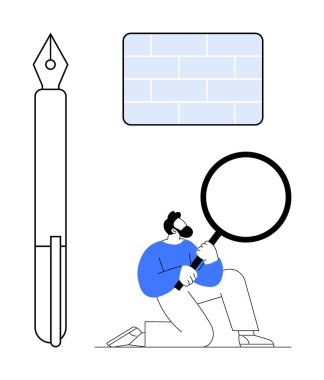 Büyüteçle çömelmiş bir adam yakınlardaki büyük bir kalemi analiz ediyor. Temalar için idealdir. Araştırma, analiz, yaratıcılık, problem çözme, gözlem, odaklanma, öğrenme. Basit düz metafor