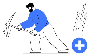 Yukarı ok ve artı işareti yanında kazma tutan erkek işçi, çabayı, kararlılığı ve başarıyı simgeliyor. Büyüme, ilerleme, üretkenlik, başarı ve takım çalışması için ideal