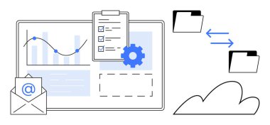E- posta, grafik, pano ve bulut dizinleri dosya paylaşımını, veri analizini, görev yönetimini ve işlem otomasyonunu temsil eder. İş akışı için ideal, bulut depolama analizi işbirliği e- postası