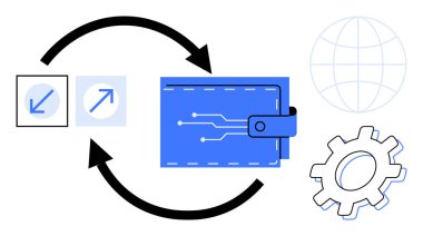 Devre dizaynlı cüzdan, döngüsel akış oluşturan oklar, otomasyonu temsil eden dişli, bağlantı küresi ve veri değişimi için simgeler. Fintech, teknoloji, otomasyon için ideal