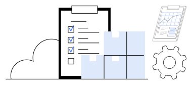 Üst üste dizilmiş kutular, analiz raporları ve vites simgesinin yanında işaretli görevlerin yer aldığı pano kontrol listesi. Üretkenlik, lojistik, planlama, verimlilik, tedarik zinciri, envanter sade düz metafor için ideal