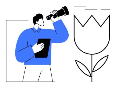 Elinde tablet tutan ve teleskopla büyük bir çiçeğe bakan bir adam. Keşif, gözlem, keşif, yenilik, yaratıcılık, analiz, eğitim için idealdir. Basit düz metafor