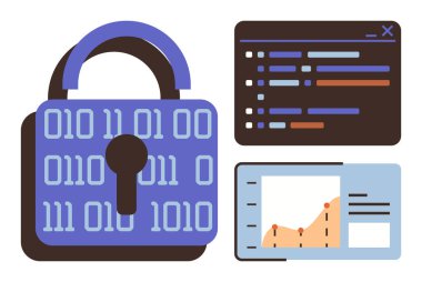 Padlock with binary code pattern, coding interface, analytics graph representing cybersecurity, data protection. Ideal for online safety, encryption, data analysis, coding, privacy tech concepts clipart svg vector 