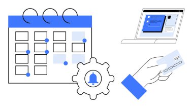 Bildirim ve dişli simgesi olan takvim, uygulamayı gösteren dizüstü bilgisayar, el ele tutuşma kartı. Zaman yönetimi, verimlilik, rezervasyon, otomasyon, ödeme organizasyonu için ideal. Basit düz