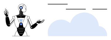 Fütürist yapay zeka robotu soyut bulutlara doğru hareket ediyor. Yenilik, teknoloji, yapay zeka, bulut hesaplama, otomasyon, veri paylaşımı, fütüristik tasarım için ideal. Basit bir düz metafor.