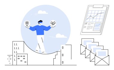 Bireysel dengeleyici ampul ve binaların tepesinde el sıkışma. Yakınlarda bir rapor çizelgesi ve e-posta zarfları var. Yenilik, karar verme, liderlik, planlama, strateji için ideal