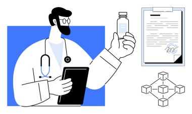 Doktor ilaç şişesi ve tableti, yakınlardaki tıbbi raporu, güvenli sağlık hizmetlerini sembolize eden engelleme ağını, yenilikçi çözümleri inceliyor. Sağlık, teknoloji, yenilik ve veri güvenliği için ideal