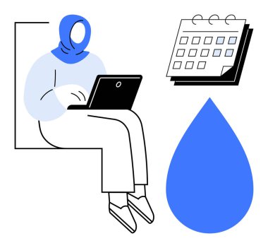 Dizüstü bilgisayarda çalışan tesettürlü bir kadın, takvim ve su damlasına yakın. Üretkenlik, planlama, uzaktan çalışma, organizasyon, sürdürülebilirlik, zaman yönetimi ve kaynak farkındalığı için idealdir. Basit.