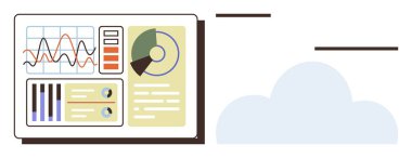 Çizgi grafikleri, pasta grafikleri ve bulut sembollü bar çizelgeleri. Veri analizi, bulut depolama, iş büyümesi, içgörü, performans izleme istatistikleri ve teknoloji için ideal. A