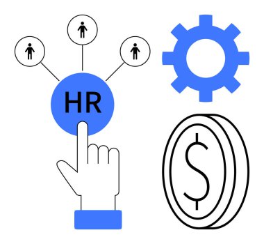 İnsan simgeleri, vites sembolü ve dolar para hatlarına bağlı İnsan Kaynakları düğmesine el işareti. İnsan kaynakları için ideal, işe alım, maaş bordrosu, iş stratejisi, karar verme organizasyonu liderliği. Basit.
