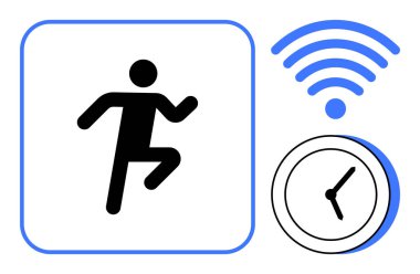 Çalışan figür, saat ve kablosuz sistem izleme, zaman yönetimi ve akıllı teknolojiyi gösteriyor. Sağlık uygulamaları, uzaktan izleme, aktivite takibi, spor için zaman kazandıran hedef ayarları için ideal