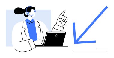 Dizüstü bilgisayarlı bir kulaklık takan kadın ajan, aşağı doğru bir grafiğe işaret ediyor. Müşteri desteği, analitik, iletişim, satış azalması, uzaktan çalışma, problem çözme, basit düz metafor