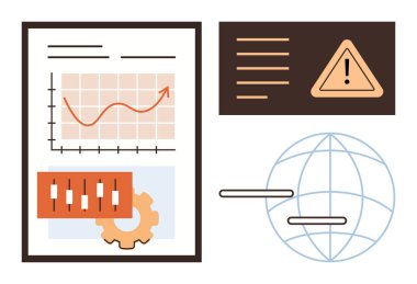 Yükselen eğilimli mali grafik, şamdan şeması, vites simgesi, uyarı sembolü ve dünya çizgisi. Analiz, risk yönetimi, teknoloji, iş stratejisi küresel yenilikler için ideal