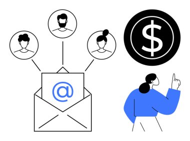 Kullanıcı avatarlarına bağlı e-posta simgesi, dolar işareti sembolü ve işaret eden bir kişi içeren zarf. Dijital pazarlama, ağ oluşturma, gelir, iletişim, iş büyümesi ve seyirci takım çalışması için ideal