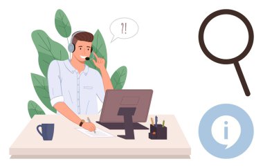 Kulaklıklı adam bilgisayarda yardım ediyor, arama için büyüteç, yönlendirme için bilgi simgesi. Müşteri hizmetleri, teknik destek, yardım masası, iletişim, problem çözme, bilgi ekip çalışması için ideal