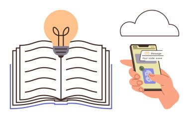 Ampullü açık kitap fikirleri, dijital erişimi temsil eden akıllı telefonu ve veri depolama için bulut simgesini sembolize eder. Eğitim, bilgi paylaşımı, teknoloji ve yenilik için ideal