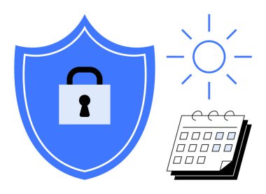 Kalkandaki asma kilit güvenliği simgeler, takvim planlamayı simgeler ve güneş de berraklığı ya da görünürlüğü. Gizlilik için ideal, güvenlik yönetimi, planlama, güvenilirlik, organizasyon, güven