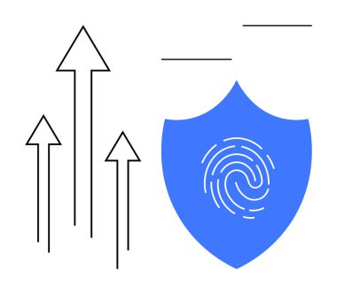 Büyümeyi simgeleyen oklar, güvenlik, yenilik ve güveni temsil eden bir kalkan ve parmak izi ile aynı hizada. İş için ideal, ilerleme, güvenlik, veri koruması, teknoloji, mahremiyet