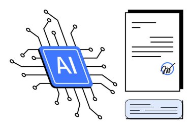 Ağ devreli yapay zeka çipi, imzalı belge ve teknoloji güdümlü otomasyonu, dijital sözleşmeleri veya akıllı iş akışlarını sembolize eden metin kutusu. Yapay zeka, hukuk, otomasyon, yenilik makinesi için ideal