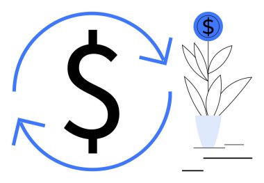 Dolar işaretinden büyüyen ve finansal sürdürülebilirliği sembolize eden bir bitkinin yanında dairesel oklarla çevrili büyük dolar sembolü. Yatırım, büyüme, eko-finans, kâr, ekonomi ve bütçe için ideal