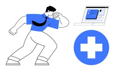 Ofiste kendine güveni olan biri ileriye doğru gidiyor, dijital içeriği gösteren bir dizüstü bilgisayar, cesur tıbbi haç görüntüsü. Sağlık, dijital yenilik, teknoloji, sağlık, büyüme, liderlik için ideal