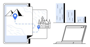 Navigasyon haritalı tablet, dağlar, işaretler, bar çizelgesi ve laptop ekranı. Seyahat, seyrüsefer, planlama teknolojisi veri keşfi eğitimi için idealdir. Basit bir düz metafor.