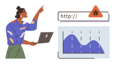 Tarayıcı URL çubuğunda siber güvenlik hata alarmını gösteren bir dizüstü bilgisayar tutan kadın. Grafik tablosu veri dalgalanmalarını gösteriyor. Siber güvenlik, teknoloji, veri analizi, tehdit algılama ve risk için ideal