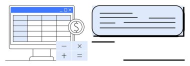 Hesap tablosu ve para birimi simgesini gösteren bilgisayar ekranı, matematik işlemleri ve metin bloğu ile hesap makinesi. Finans, bütçe, muhasebe, veri örgütü, analiz, iş planlaması için ideal