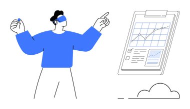 VR kulaklıklı kişi, dosya, grafik ve notları gösteren yüzen pano ile etkileşime geçiyor. Yenilik için ideal, veri analizi, gelecekteki teknoloji, sanal gerçeklik, iş verimliliği