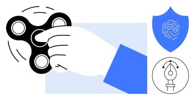 El hareketli döner, parmak izli mavi kalkan, daire şeklinde yaratıcı kalem aleti. Odaklanma, güvenlik, tasarım, yaratıcılık, farkındalık teknolojisi üretkenlik temaları için idealdir. Basit düz