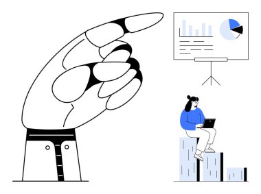 Bir kadın dizüstü bilgisayar kullanarak bar çizelgelerinde otururken, büyük bir işaret eli dikkatleri panodaki grafiklere çevirir. Liderlik, rehberlik, odaklanma, takım çalışması, strateji, analitik, iş büyümesi için ideal