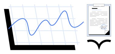 Değişen mavi çizgili veri grafiği, panoda imzalanmış belge ve kontrol işareti. Veri sunumu, araştırma, analitik, istatistik, anlaşmalar, iş planlaması için ideal basit düz metafor