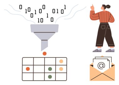 İkili kod huniye girer, bir masadaki görsel veriye dönüşür, e-posta ikonu yakınında bir kadın tarafından gözlemlenir. Veri analizi, e-posta pazarlaması, dijital organizasyon, bulut hesaplama, yapay zeka işleme için ideal