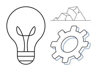 Bir ampul, teçhizat ve kristal şekilleri yenilik, yaratıcılık, teknoloji ve keşfi sembolize eder. Sorun çözme, mühendislik, ilham takım çalışması stratejisi ve fütüristik