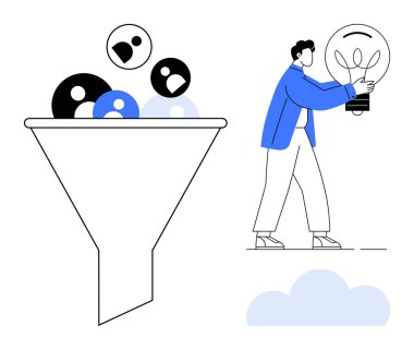 Soyut elementleri ayıran huninin yanında parlayan bir ampul tutan kişi. Beyin fırtınası, yaratıcılık, yenilik, iş stratejisi, problem çözme, pazarlama, soyut fikirler için idealdir. Basit.