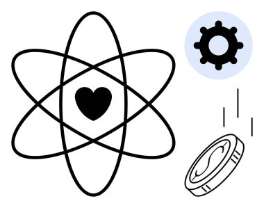Atom modelindeki kalp yaşamı ve enerjiyi simgeler, teknoloji için teçhizatla eşleştirilir ve ekonomi için düşen para. Bilim, yenilik, denge, aşk, ilerleme, sürdürülebilirlik, minimalizm için ideal