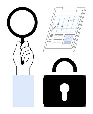 El ele tutuşan büyüteç, güvenli kilit ve grafikli analiz belgesi. Araştırma, analiz, güvenlik, veri koruması, soruşturma, problem çözme mahremiyeti için ideal. Basit düz metafor