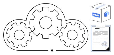 Bulut sembolü içinde vitesler, imzalı bir belge ve e-ticaret paketi. Takım çalışması, teknoloji, lojistik, bulut depolama, yönetim, süreç optimizasyonu ve otomasyon için ideal