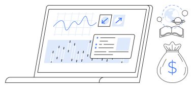 Dosyaları, grafikleri ve veri raporlarını gösteren dizüstü bilgisayarın yanı sıra açık kitap, dünya ikonu ve para çantası. Finans, eğitim, analitik küresel eğilimler için idealdir e-öğrenim pazar araştırmaları basit düz