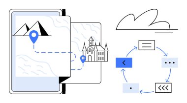Dağ boyunca işaretlenmiş dijital seyahat haritası ve dairesel işlem diyagramının yanında yer alıyor. Navigasyon, seyahat, turizm, seyahat, keşif, süreç ve teknoloji için ideal. Basit düz