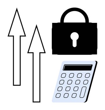 Yukarı bakan oklar, güvenliği simgeleyen bir asma kilit ve hesap makinesi büyüme, finansal istikrar ve güvenliği temsil ediyor. Finans, teknoloji, güvenlik, iş planlaması yenilik yatırımı için ideal