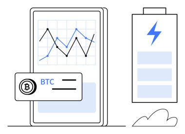 Şifreleme grafiği olan akıllı telefon, BTC kartı ve enerji kullanımını simgeleyen pil simgesi. Finans, teknoloji, eko-teknoloji, engelleme zinciri, verimlilik yenilik yatırımı için ideal. Basit düz