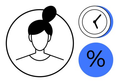 Çemberdeki kadın portresi, saat yüzü ve yüzde işareti. Zaman yönetimi, üretkenlik, verimlilik, iş hayatı dengesi, hedef belirleme, görev önceliği belirleme için ideal düz metafor